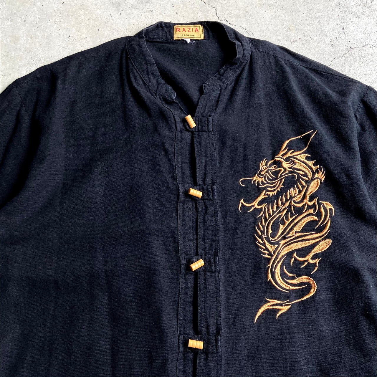 オールドチャイナシャツ ビッグオーバーサイズブラック刺繍龍ドラゴンアニマル