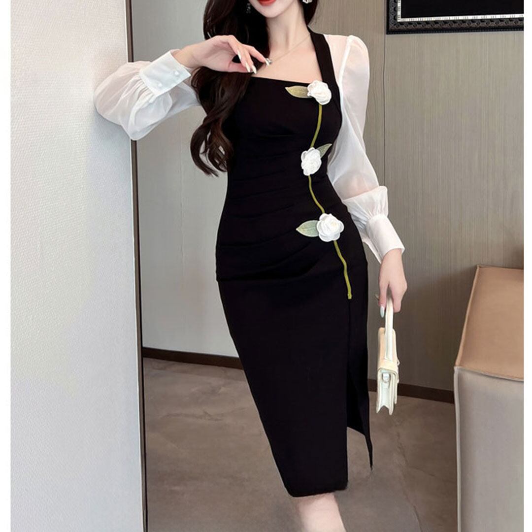 Spring Autumn Slim Fit Floral Button Long Sleeve Tight Dress V468