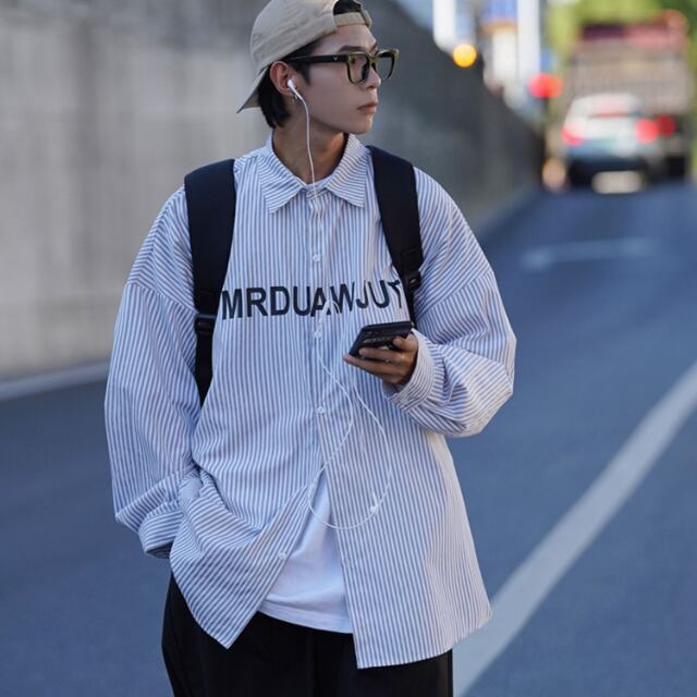 予約販売】シャツ 長袖 トップス ストライプ柄 メンズ グレー ブルー