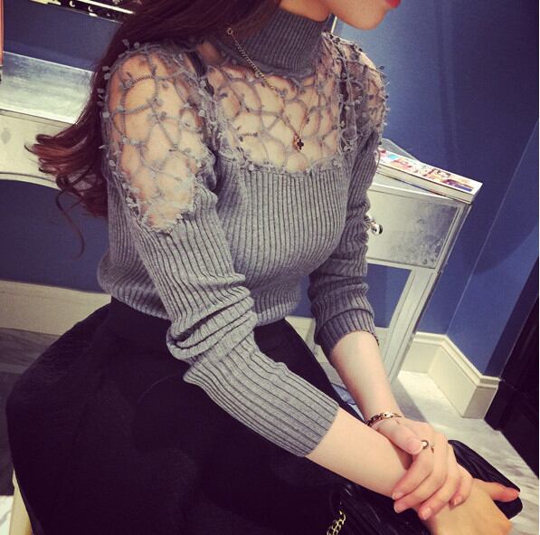 レディース ニット 可愛い レース グレー