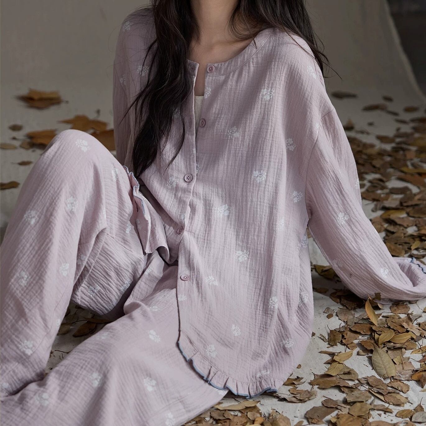 【M-XL】flower pattern purple cardigan style pajamas p1736