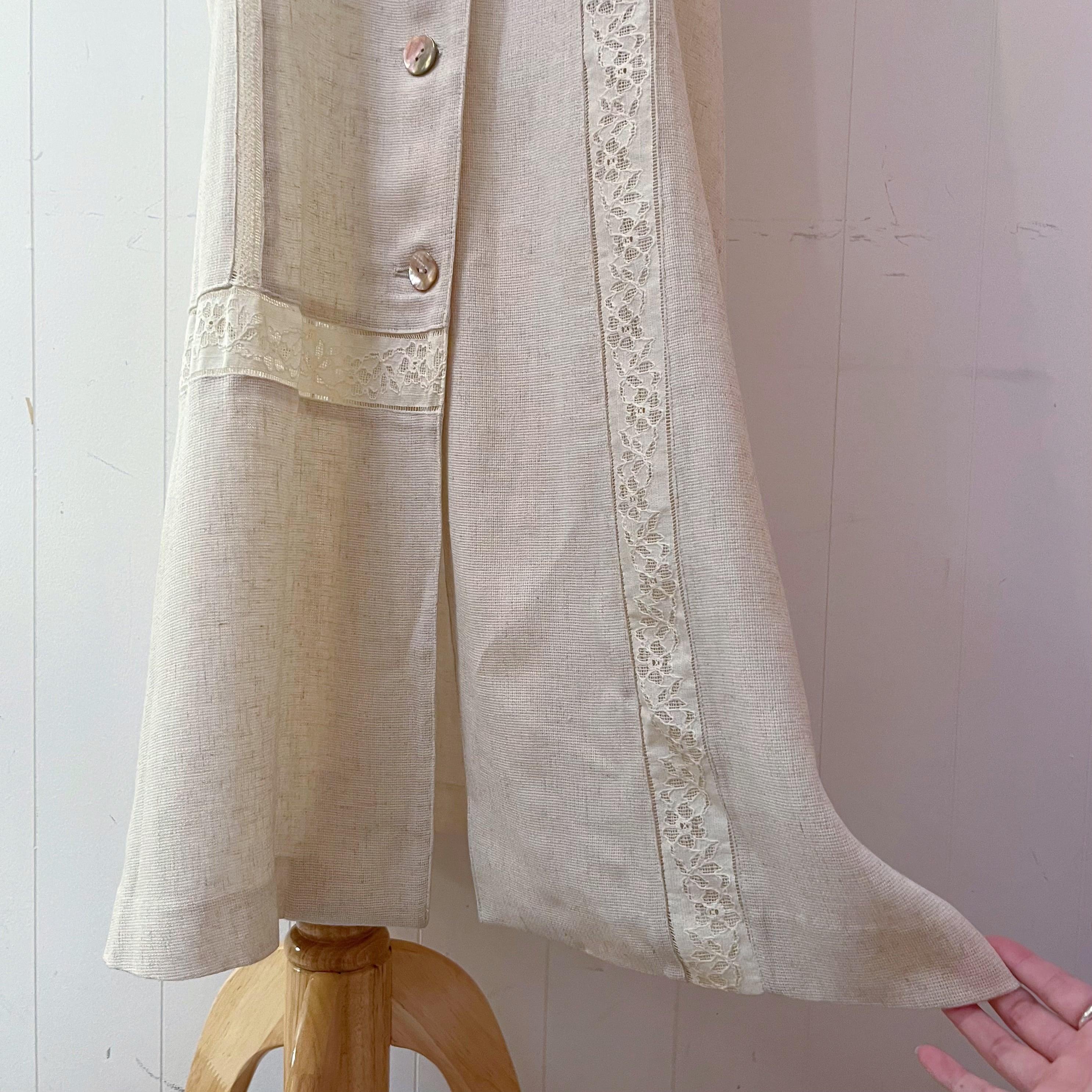 lace collar linen beige one-piece