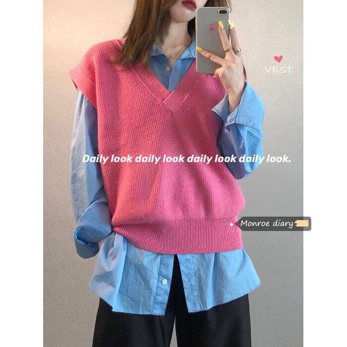 Vネックニットスプリングノースリーブトップス ルーズセーター ピンク 春物 モンロー25802061854