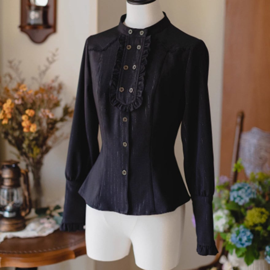 【即納 黒XL】クラロリ 長袖シャツ フリル ノーカラー Forestシリーズ ブラウス