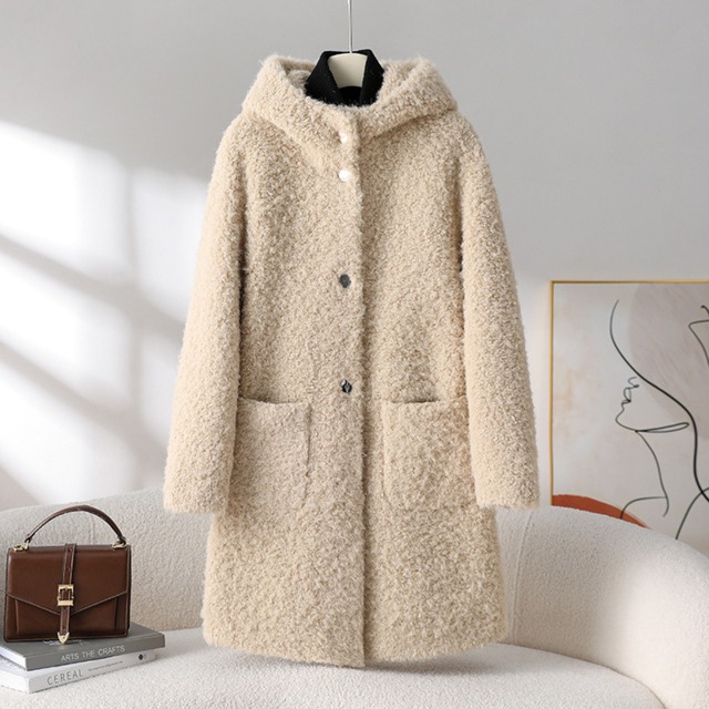 Single breast elegant lam wool hood coat ( 3color )