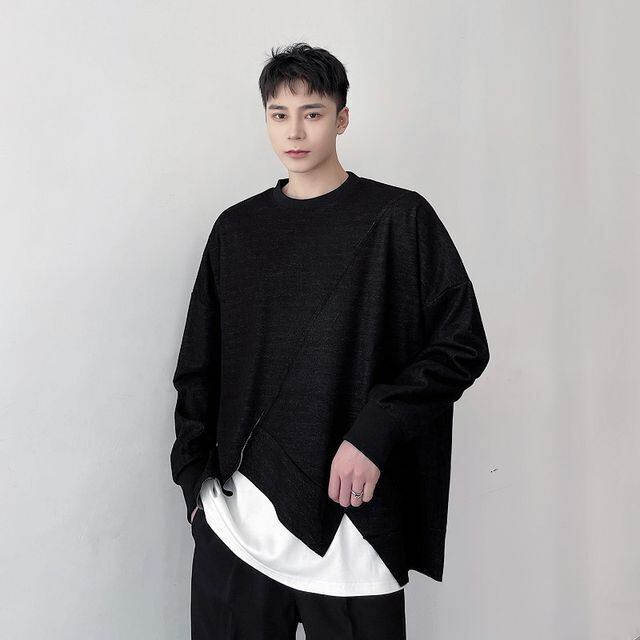 【予約販売】ロンT メンズ アシンメトリー 長袖 Tシャツ トップス ブラック ゆったり カジュアル こなれ感 お洒落 韓国 トレンド 春 M/L/XL