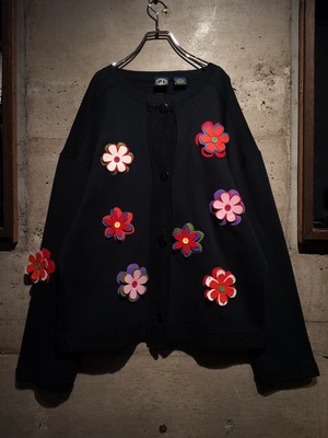 【Caka】Felt Flower Patch Design Vintage Loose No Collar Sweat Jacket