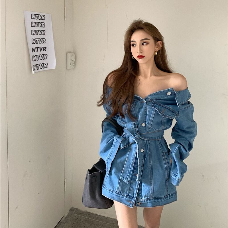 ミッドレングスのオフショルダーウエストデニムジャケットレディース2020秋新バージョンオールマッチカジュアルレトロルーズトップ ブラックストロベリース62258345252