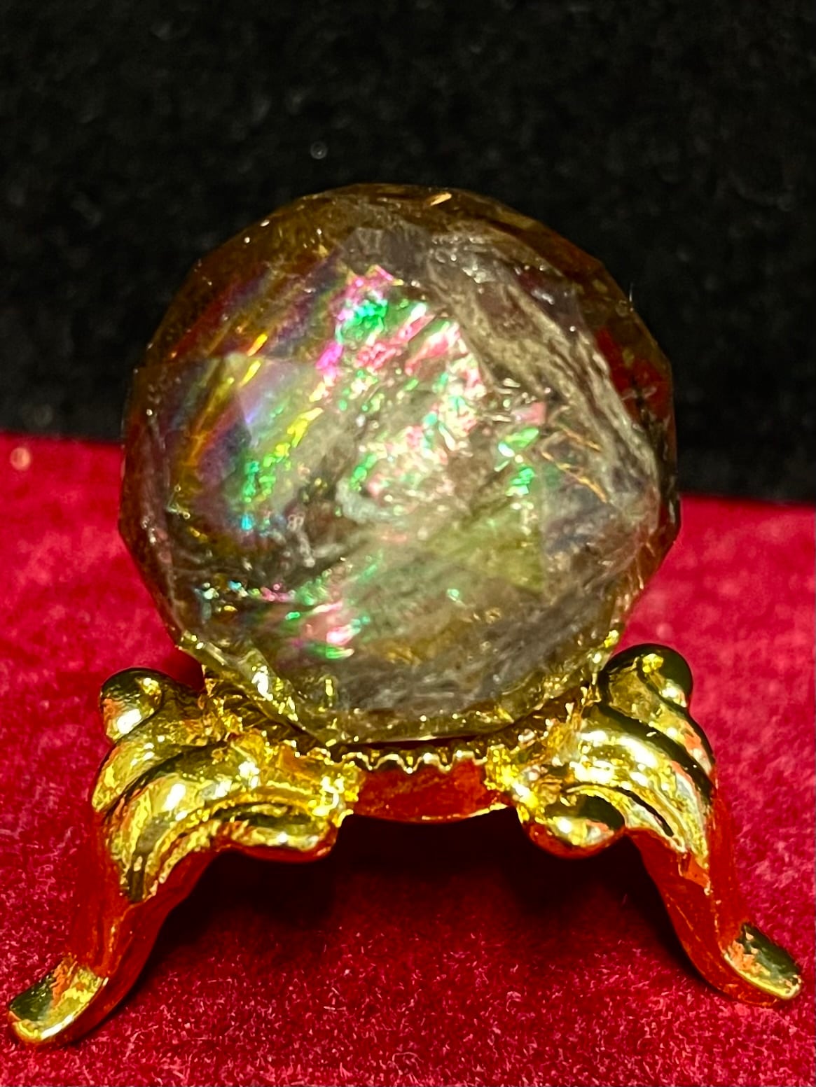 5) 美品!レインボー「スモーキー・クオーツ」多面体カット・ミニスフィア(台座付き)