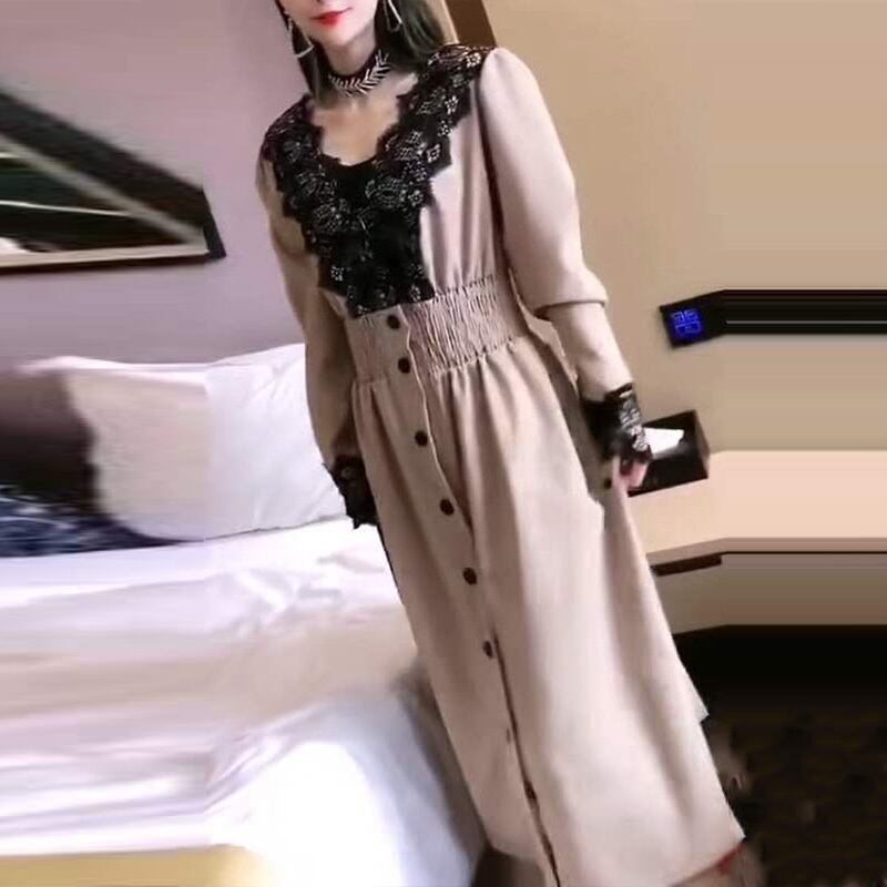 プラスサイズのレースのドレス女性2020年秋新しいファットmmウエストファッションスリム長袖Vネック気質女性のスカート ミックスインファッション59272461455