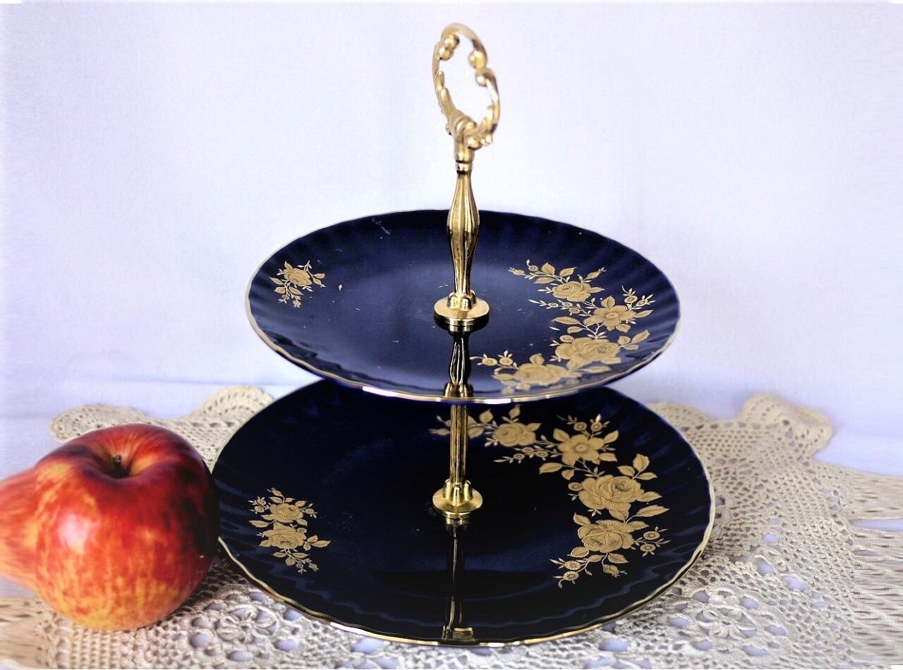 Wunsiedel Echt Kobalt 45Karat Gold ドイツ コバルト×24Kゴールド 2段ケーキスタンド