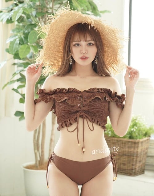 オフショルギャザーレースアップ水着ブラウン j20 | ANDESIR