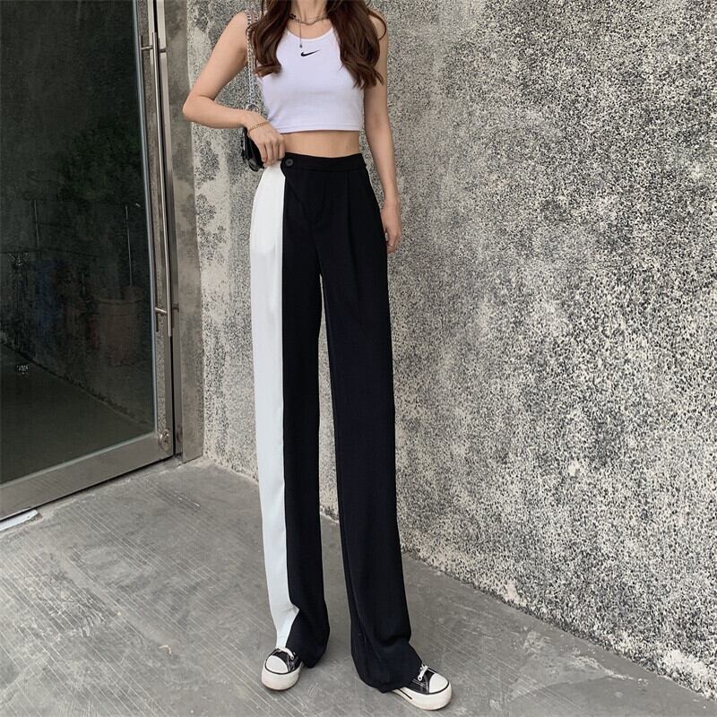 薄手カジュアルパンツ サマーブラックホワイトカラーハイウェストウェストワイドレッグ 夏物 ワイドパンツ ガールズファッション50225280808