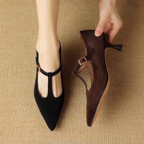 パンプス レディース 靴 シューズ Ｔストラップ ポインテッドトゥ ヒール スティレットヒール スエード 美脚 脚長 シンプル 無地 きれいめ エレガント カジュアル お出かけ おしゃれ ファッション