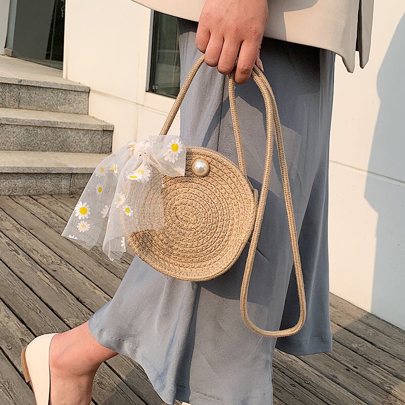 新しいわら織りバッグ女性バッグ2020人気のニューウェーブファッションクロスボディバッグワイルドレディショルダースモールラウンドバッグ Tiancai_Wing_Bag8692584