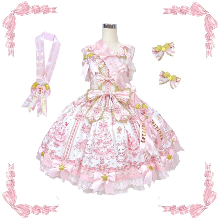 お菓子×くま柄の甘ロリジャンパースカート｜星リボン付きスウィート