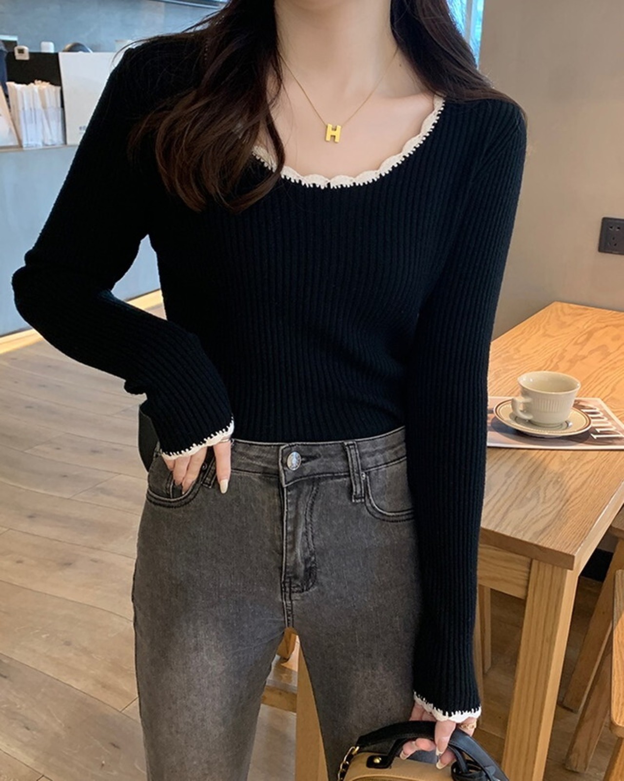 バイカラーリブトップス D1220