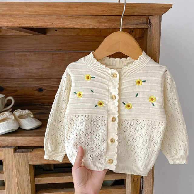 【BABY】フラワー刺繍透かし編みニットカーディガン - 3