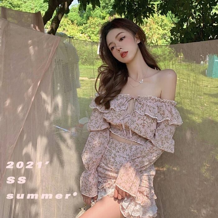 スプリングサマースタイルレースリボンシフォンショートフローラルブラウス スカート レディース ピンク 春物 夏物 花柄 ドラファッションホール91985800134