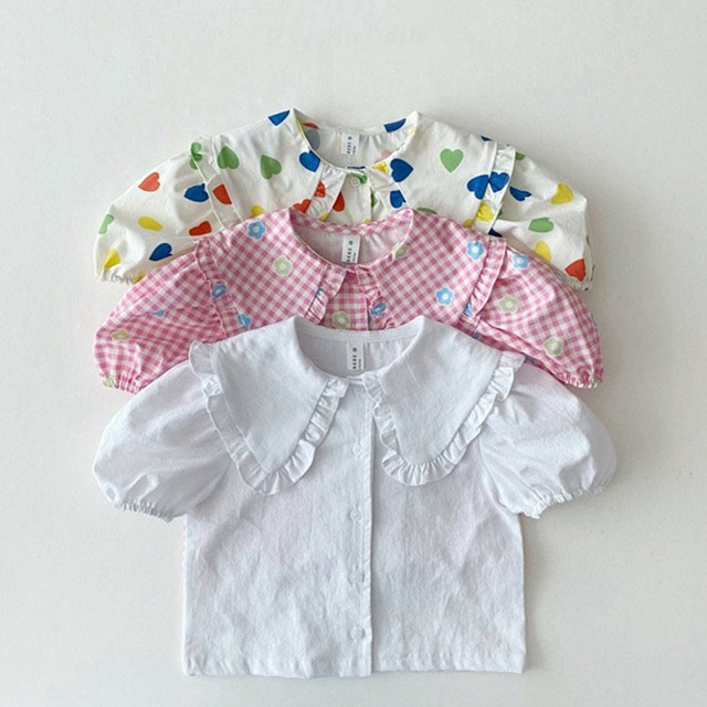 【BABY&KID】夏新作チェックORハート柄デカ襟フリルシャツ 全3色