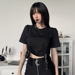 ✞✝✞ ショート丈ギャザーストラップりぼんTシャツ コットン ✞✝✞ ゴスロリ SM ミリ 甘ロリ クラロリ 和ロリ エレガント 黒ロリ 姫ロリ 華ロリ AA-AA4900453