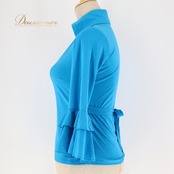 フラメンコ 衣装 トップス ブラウス ブルー系 イチオク 無地 シンプル 練習 レッスン 伸縮 ストレッチ 水色 ICHIOKU フリル ボランテ 長袖 鮮やか 華やか 襟 上品 かわいい イベント ステージ ダンス衣装