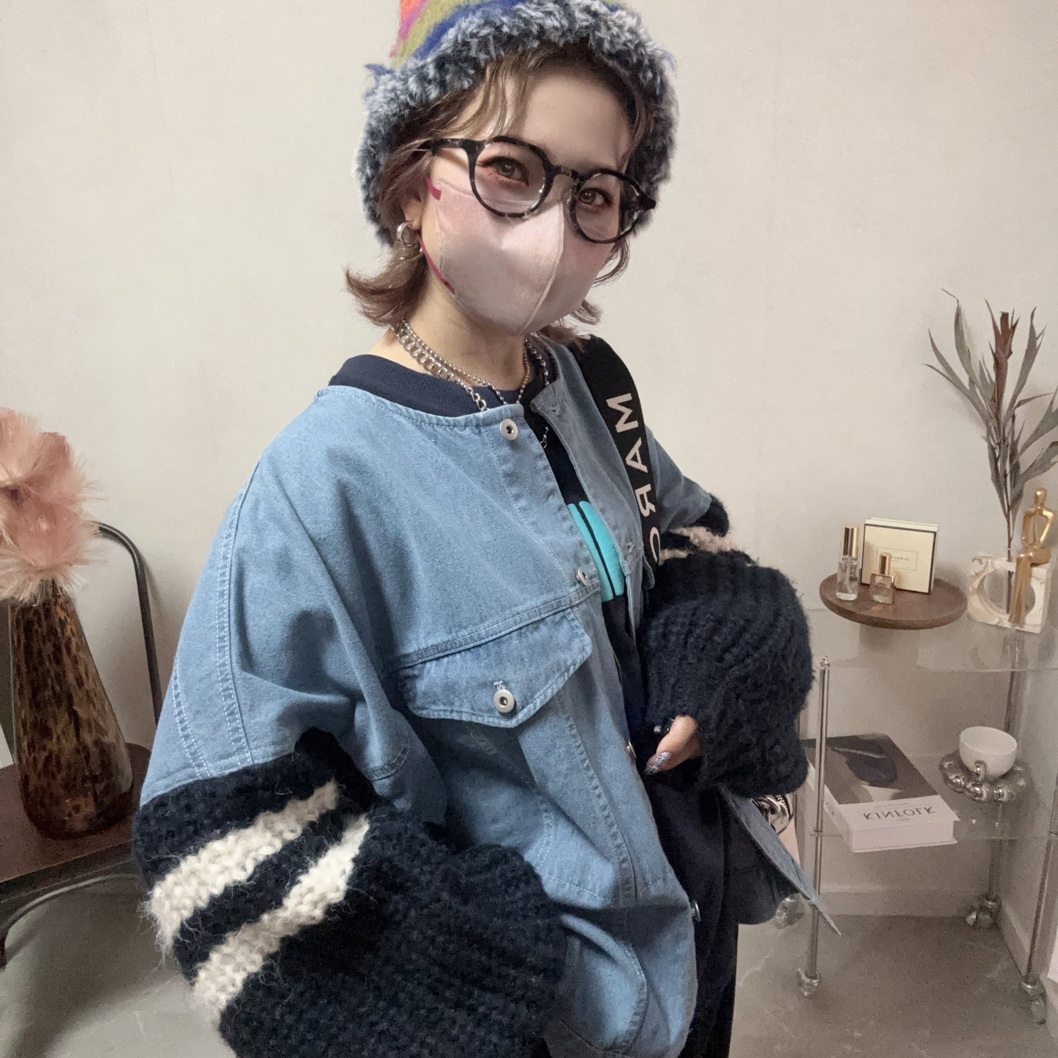 denim×knit volume sleeve jacket【Light blue】