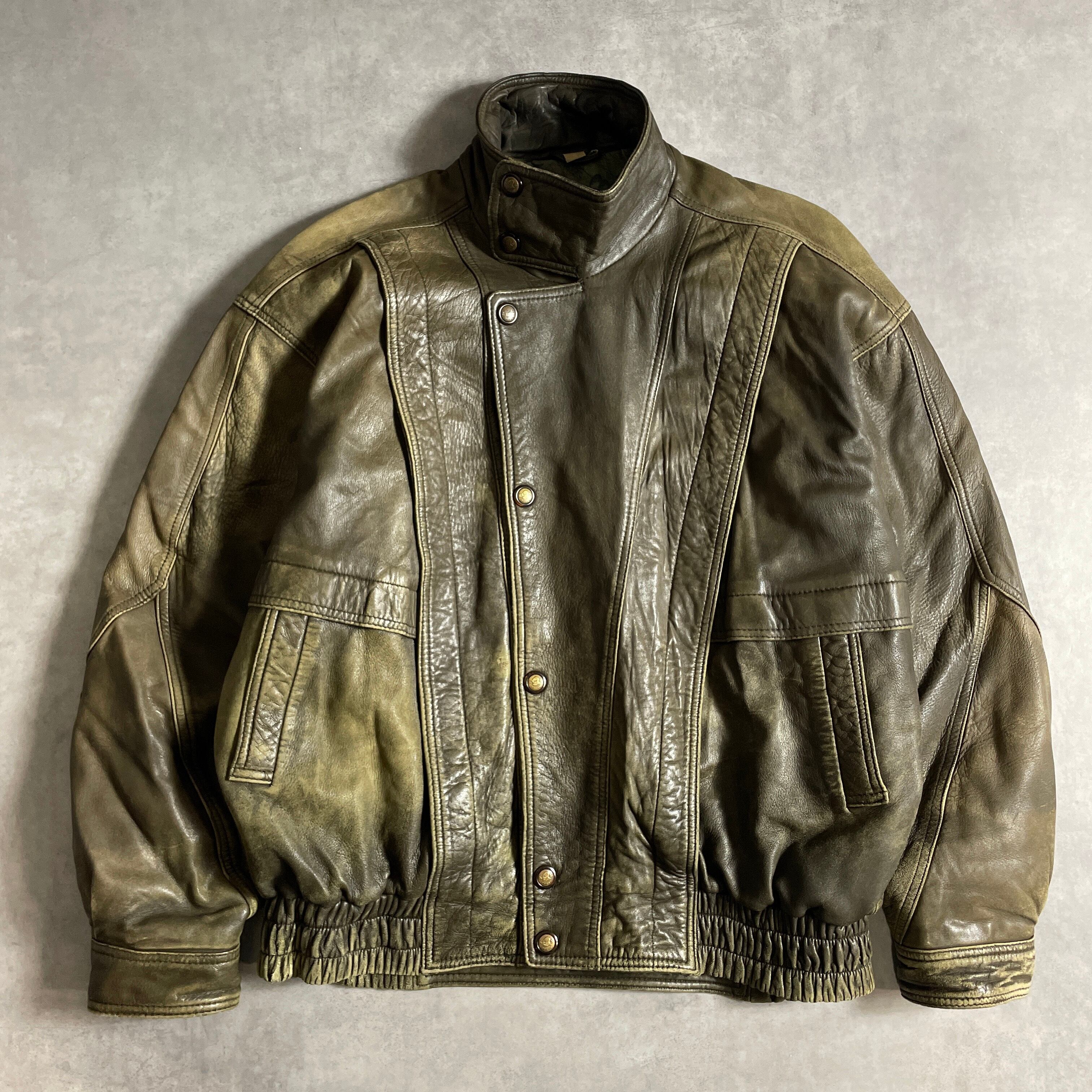 80s-90s レザージャケット 短丈 カーキ 本革 アメカジvintage