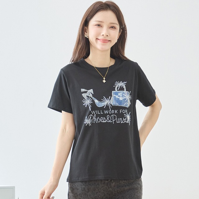 TRUBE デコビジューハイヒール＆バッグ柄Tシャツ 【M~L】ブラック