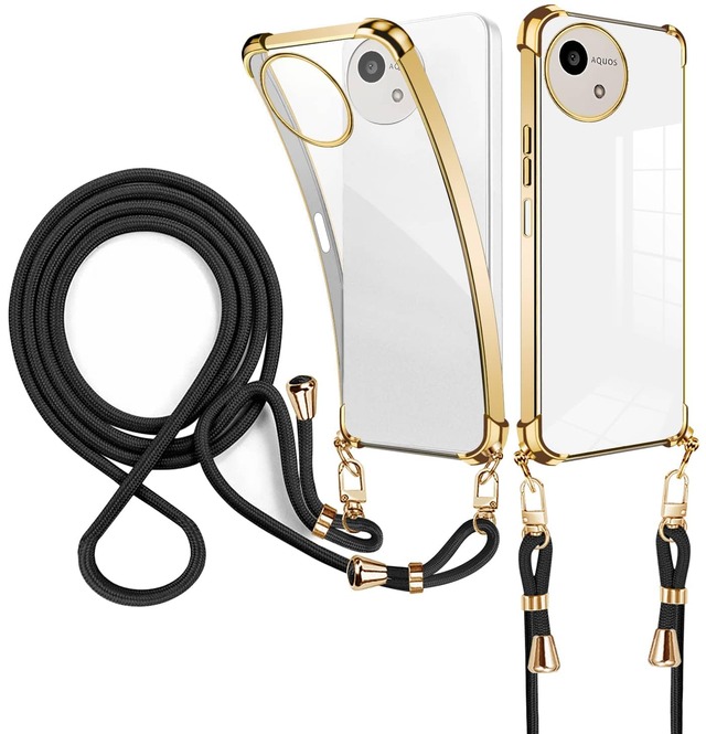 weiaoluo AQUOS Wish 5 / AQUOS WIsh 5s ケース ショルダー 耐衝撃 クリア スマホケース tpu aquos wish5 カバー バンパーアクオスウィッシュ5 ケース 肩掛け 首掛け 縄掛け 透明 ストラップ付き 斜めがけ 織りストラップ付き 調節可能なショルダー ネックレス 保護ソフト 韓国 薄型 軽量 衝撃吸収 レンズ保護(ゴールド)