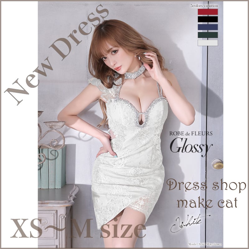 【ROBE de FLEURS Glossy】【即納】【XSサイズあり】切替レース×ビジューアシンメトリータイトミニドレス(GL2395)