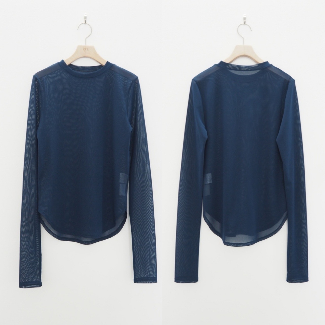 tulle sheer crew neck tops/darkblue