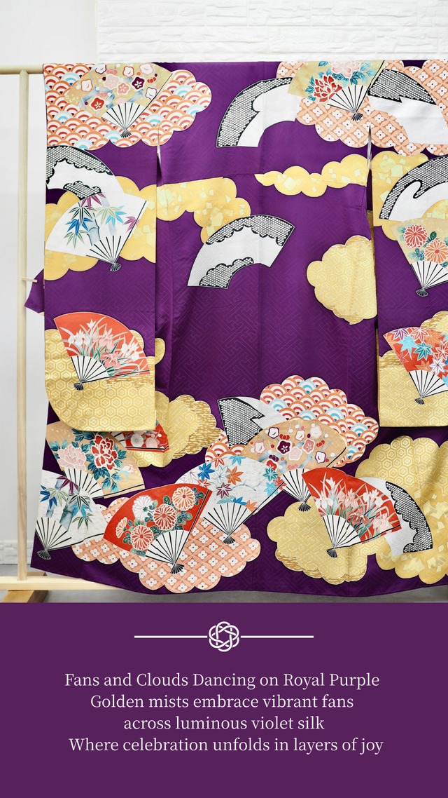 Regenerated Kimono Royal coat – Handcrafted in Japan/FANS AND CLOUDS DANCING ON ROYAL PURPLE  着物リメイクのロイヤルコート｜日本のヴィンテージシルクを再生した一点物/ロイヤルパープルに舞う、扇と雲の祝祭