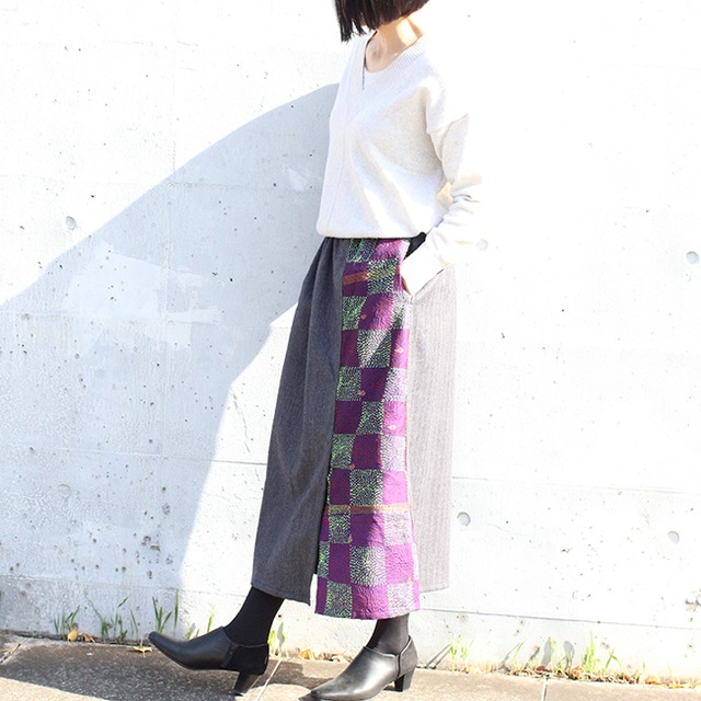 カンタ刺繍シルクとウールのスリットコンビスカート【ヘリンボーンA】