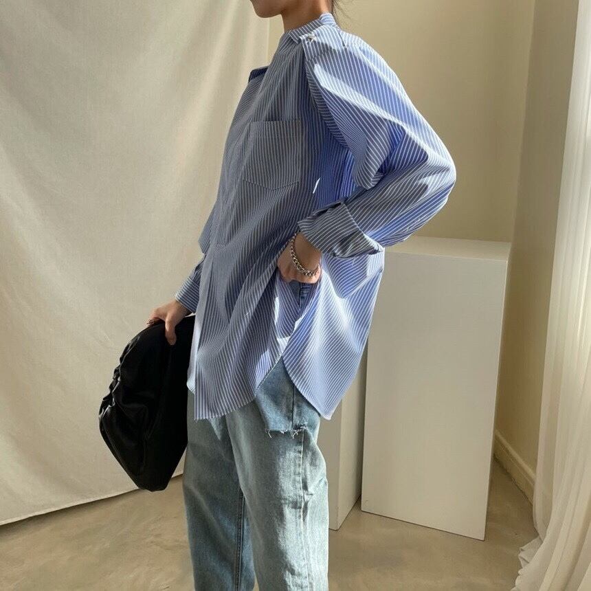 スタンドカラーストライプシャツ レディース トップス 長袖 ストライプ