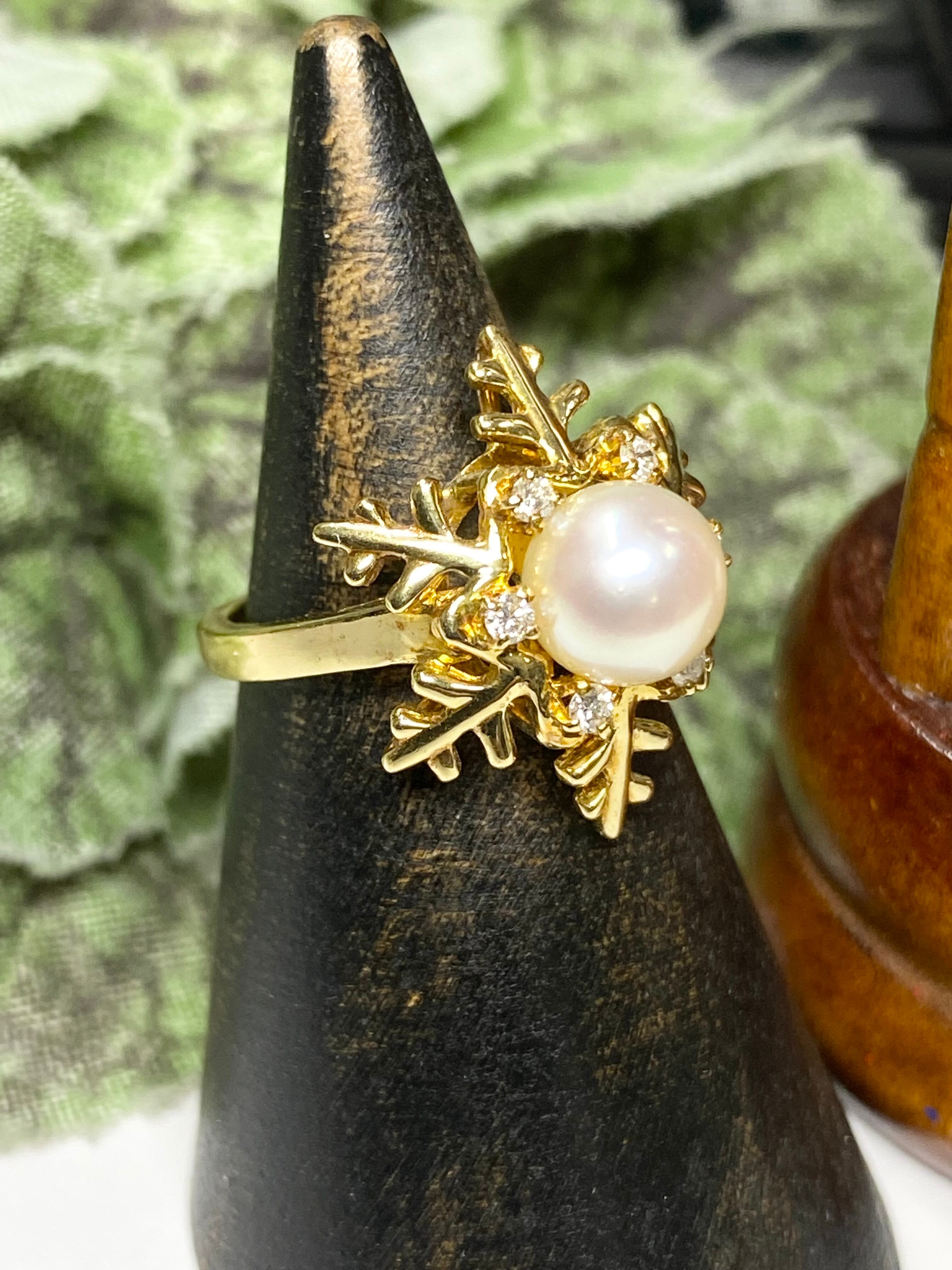 美品 ミキモト K18 真珠 パール約7.0mm珠 ダイヤ リング 指輪-