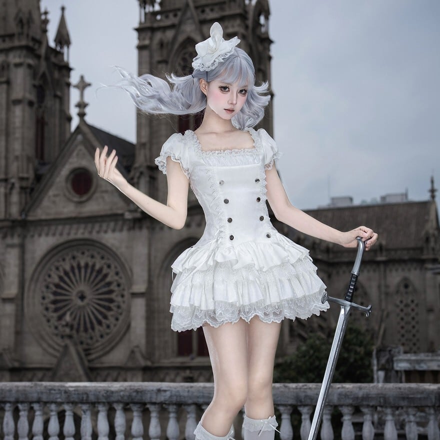 ロリータファッション 小悪魔ミニワンピースセット 段フリル 黒白