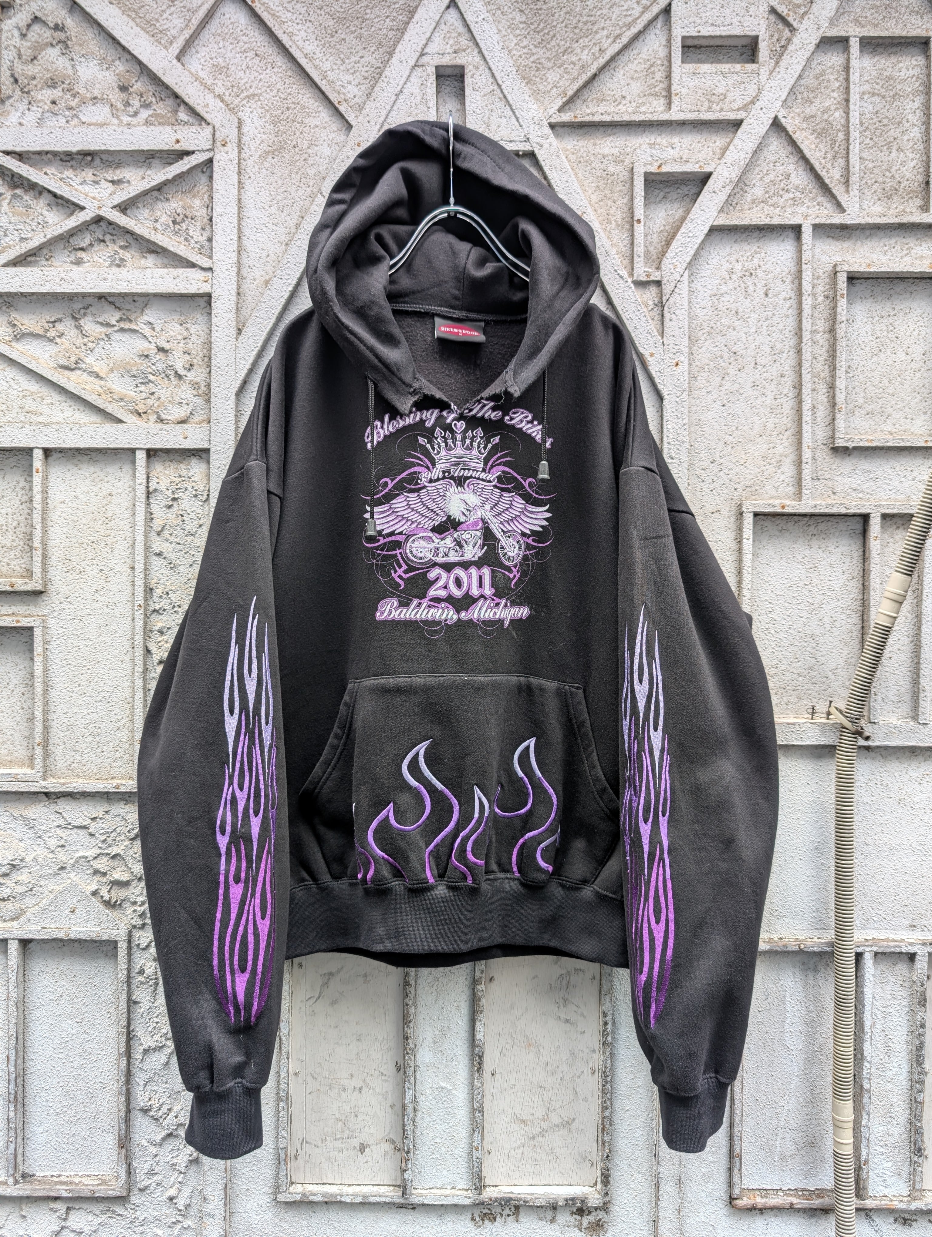 "BIKER'S EDGE" fire embroidery hoodie