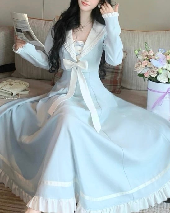 ブルーセーラーロングフレアワンピース 25W08432