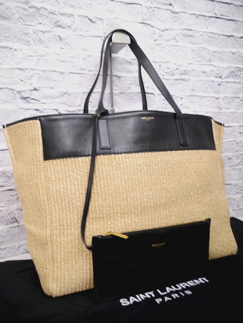 美品◆SAINTLAURENT サンローラン Vorisseヴォーリセ 男女可 ストローxレザー リバーシブル トート バッグ◆ 使いやすいリバーシブルモデル