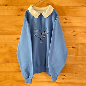 【country store】かわいい系 襟付き 刺繍 ハーフジップ スウェット プルオーバー くすみカラー レディース XL カントリーストア US古着