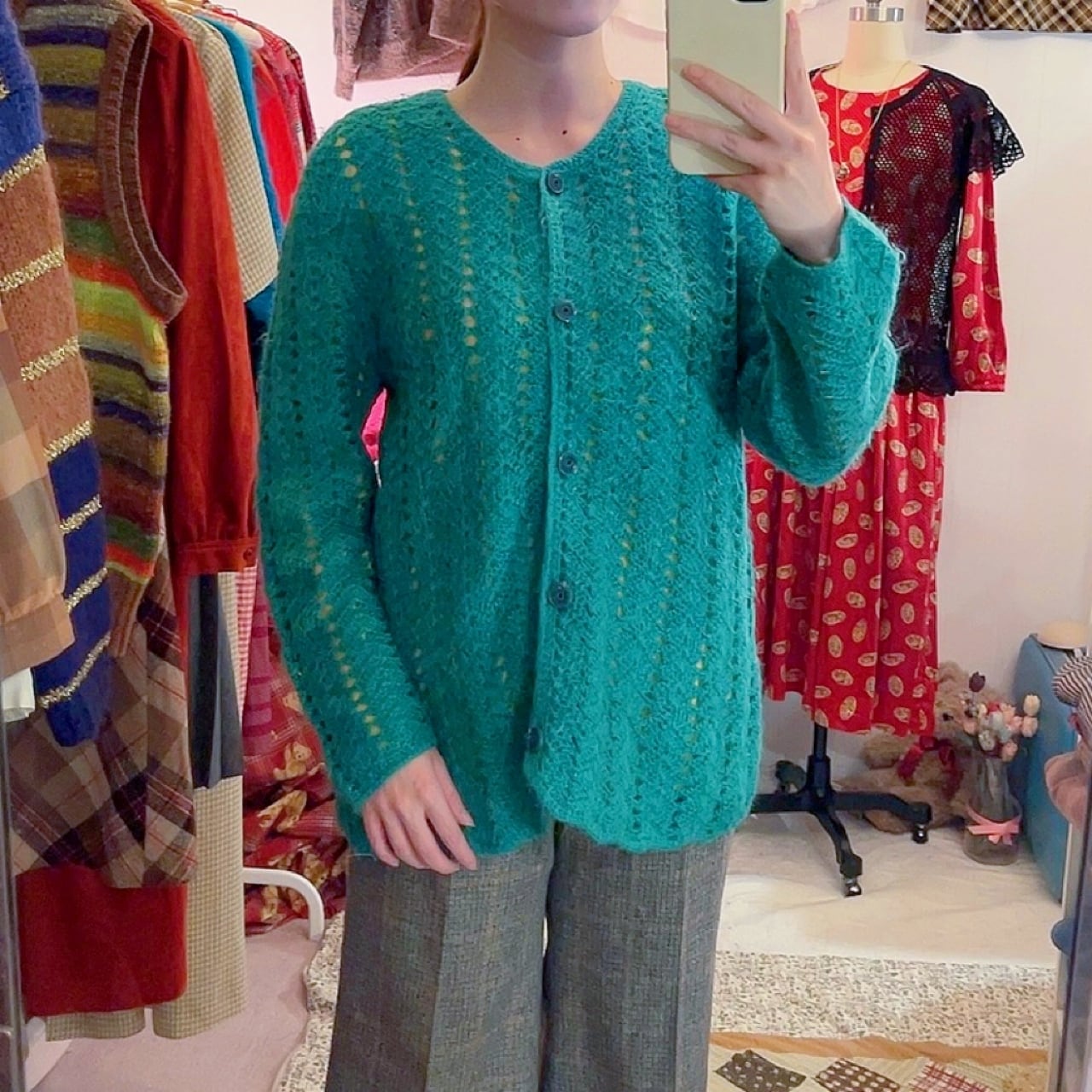 green crochet knit cardigan