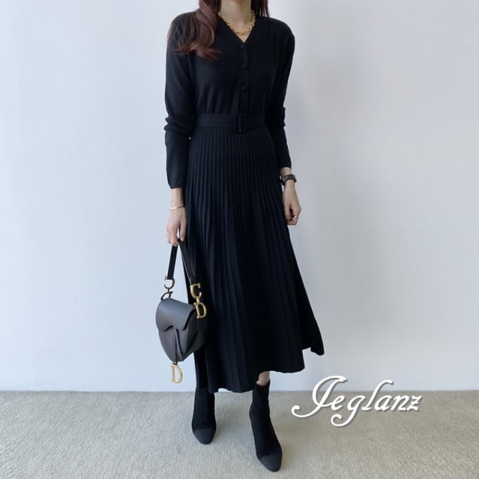 上品 ニット ワンピース 長袖 プリーツ 共ベルト きれいめ 2色(MA937)γ