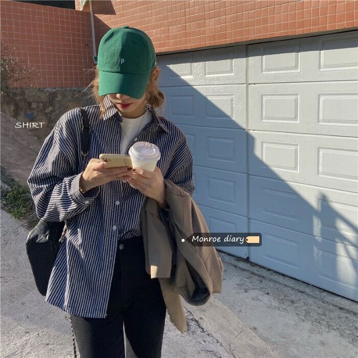 ストライプシャツ ジャケット スプリングスタンダードトップス ロング レトロ 春物 モンロー58273786946