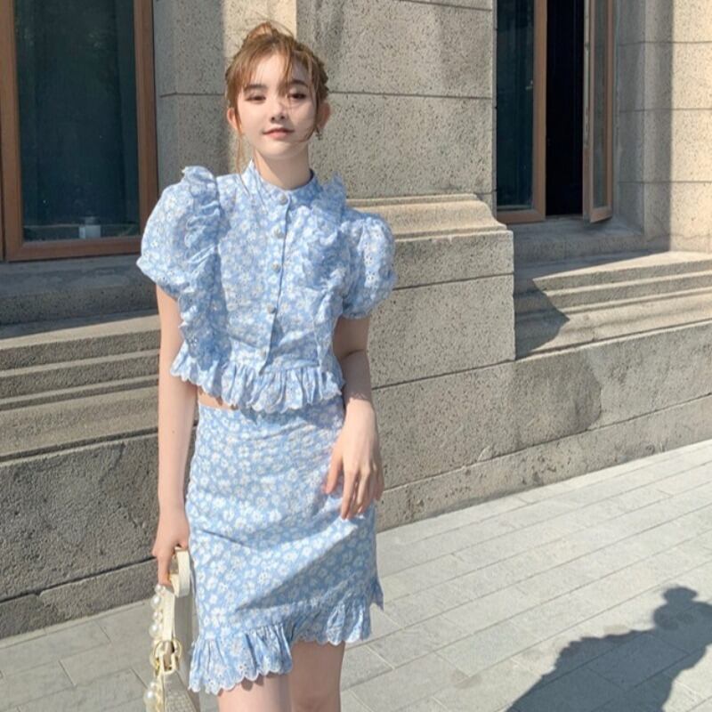 フローラルシャツ スリーブサマーブルークロップドトップス 夏物 花柄 YY-ファッション71890838636