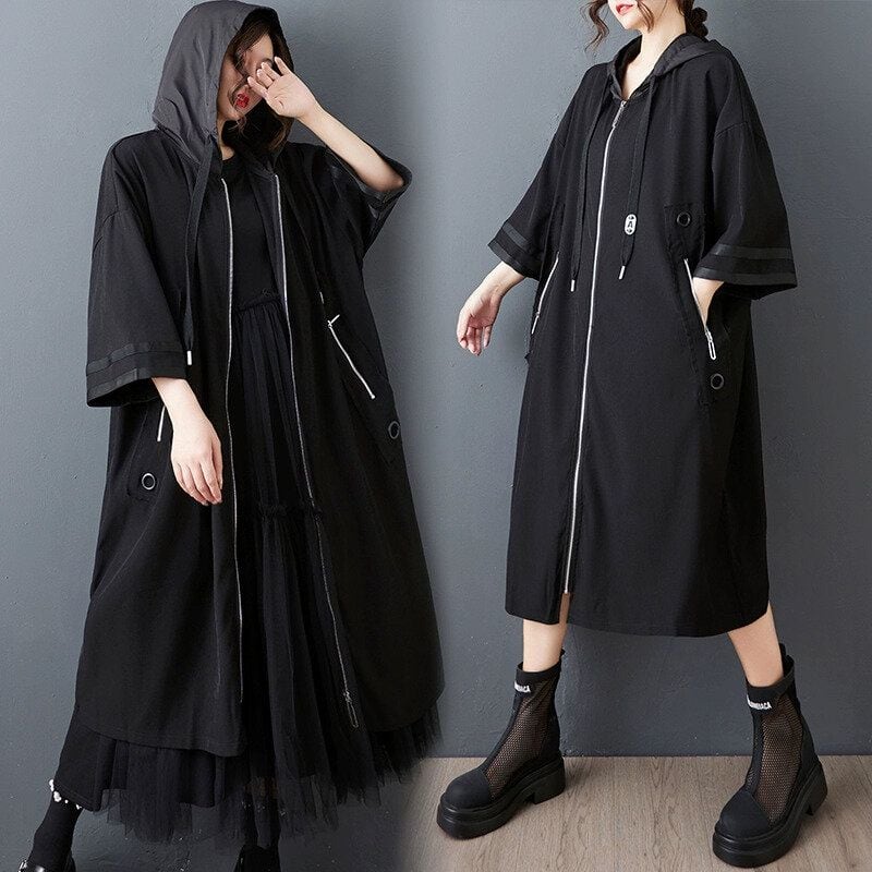 BLACK HOODED 3/4 SLEEVES MIDI FULLZIP CASUAL COAT 1color M-14552