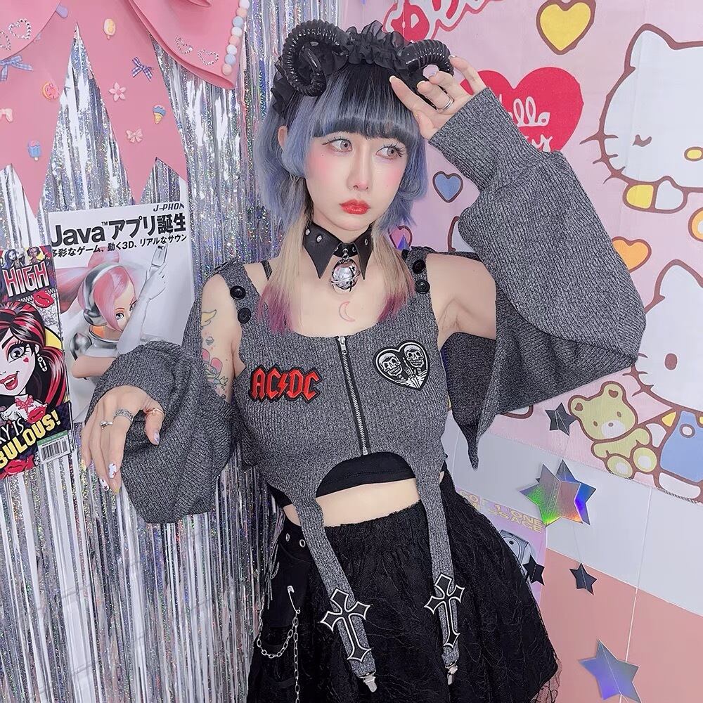 トップス グレー ゴスロリ ロリータ トップス ピンク ダンス ダメージ