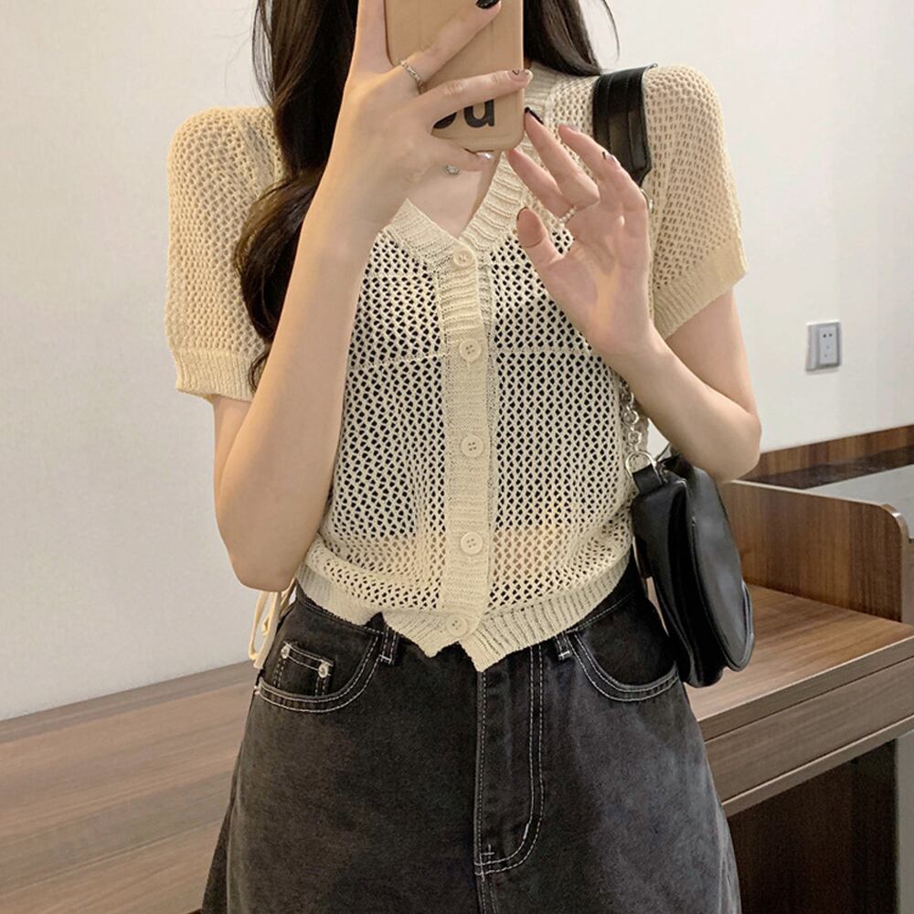 メッシュ ニット カーディガン レディース 春夏秋 韓国 透かし編み きれいめ 大人 かわいい トップス 羽織り おしゃれ 重ね着 Vネック ゆったり 肌見せ 大人可愛い 大人女子