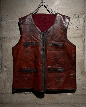 【Caka】60's〜70's Shading Design Vintage Zip Up Leather Vest