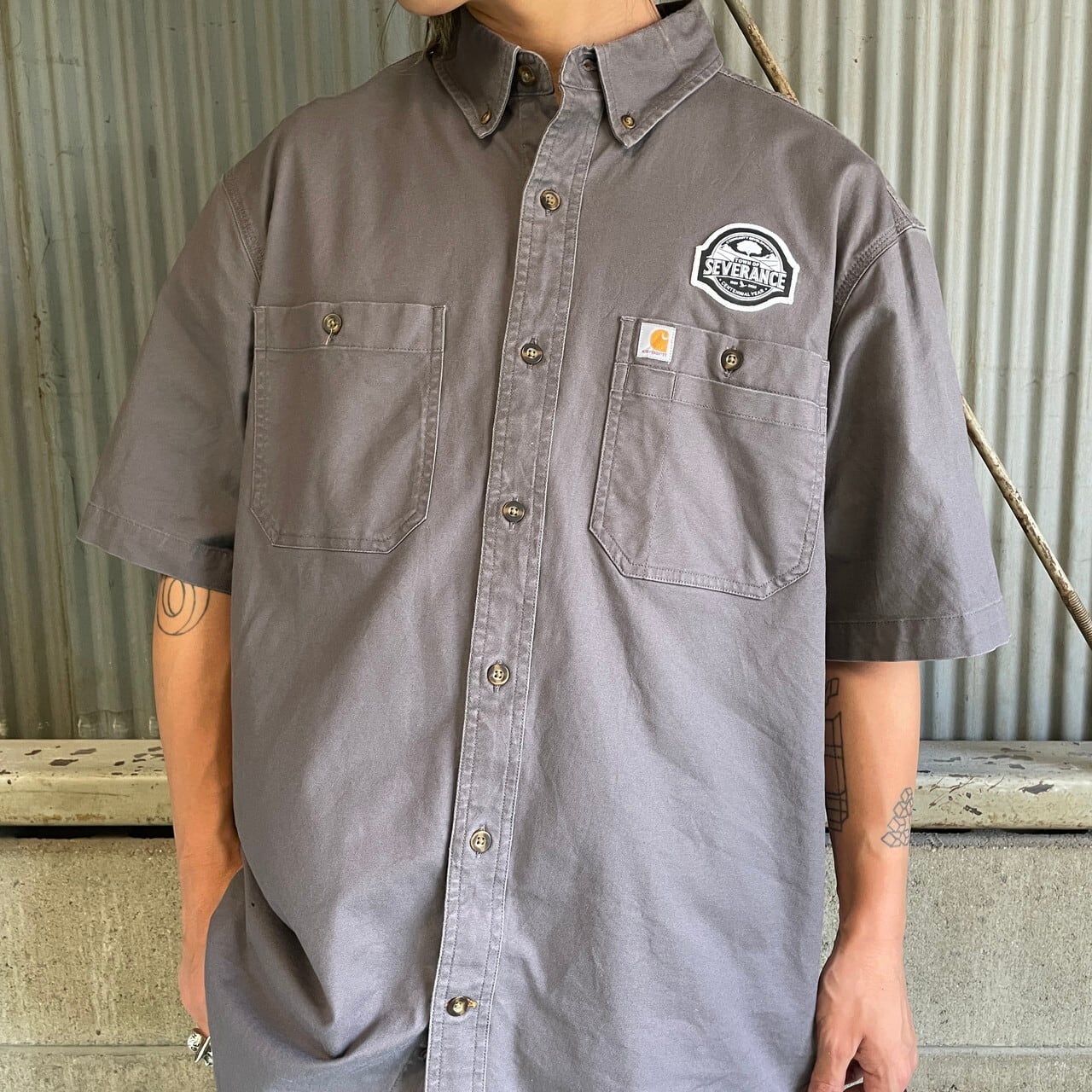 Carhartt カーハート　ワークシャツ　グレー　ワッペン　企業ロゴ　L